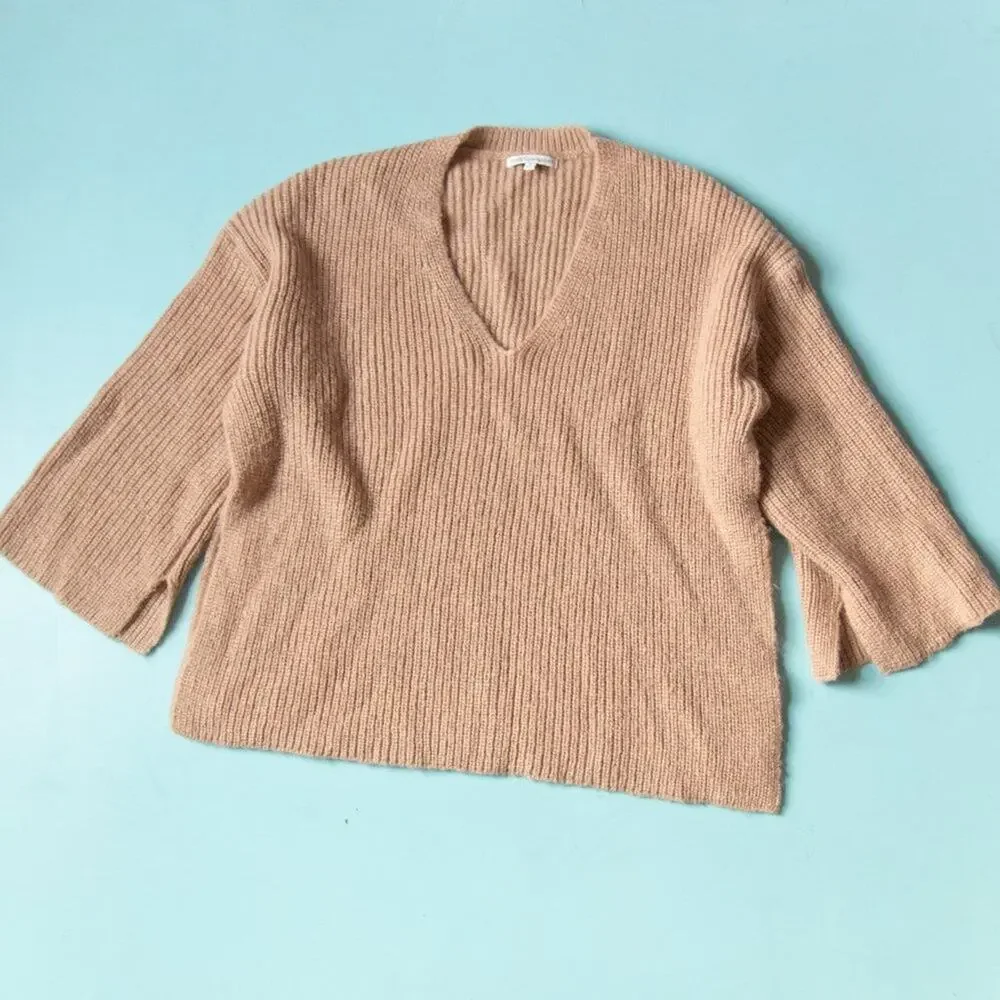 Rebecca Minkoff Remi Tan V-Neck Wool Mohair Knit Sweater Size Small Ribbed - Picture 2 of 10
